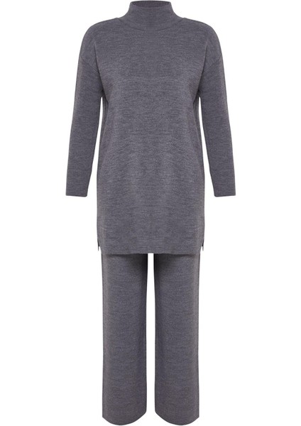 Tarz Kadın Modern Moda Normal Bel Geniş Paça Balıkçı Yaka Yırtmaçlı Geniş Paça Triko Alt-Üst Takım indirimleri