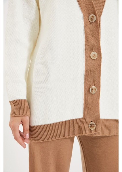 Tarz Kadın Modern Moda Yüksek Bel Geniş Paça V Yaka Şerit Detaylı Hırka-Pantolon Triko Takım