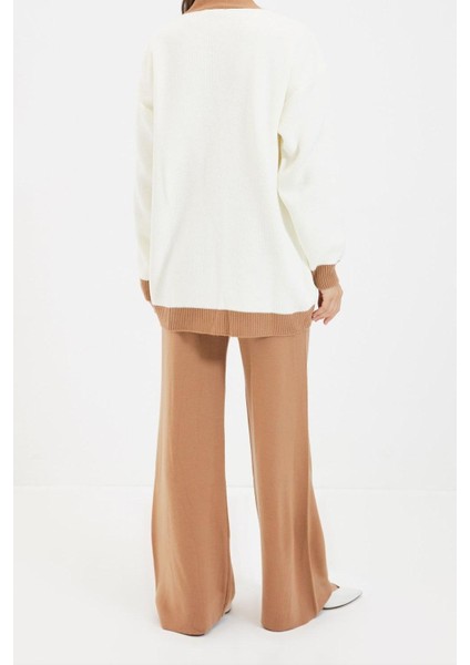 Tarz Kadın Modern Moda Yüksek Bel Geniş Paça V Yaka Şerit Detaylı Hırka-Pantolon Triko Takım fırsatları