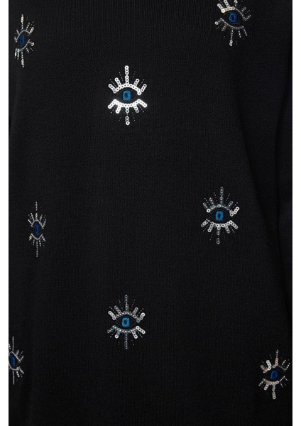 Tarz Kadın Modern Moda Normal Bel Boru Paça Bisiklet Yaka Nakış Göz Detaylı Triko Alt-Üst Takım fırsatları