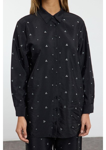 Tarz Kadın Modern Moda Normal Bel Boru Paça Gömlek Yaka Taş Detaylı Dokuma Alt-Üst Takım