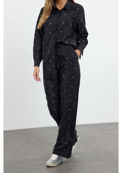 Tarz Kadın Modern Moda Normal Bel Boru Paça Gömlek Yaka Taş Detaylı Dokuma Alt-Üst Takım fiyatları