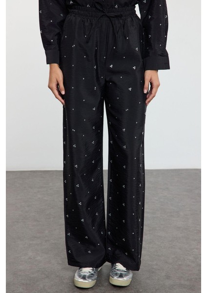 Tarz Kadın Modern Moda Normal Bel Boru Paça Gömlek Yaka Taş Detaylı Dokuma Alt-Üst Takım fırsatları