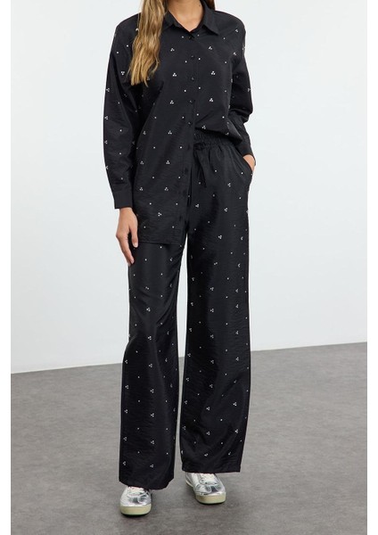 Tarz Kadın Modern Moda Normal Bel Boru Paça Gömlek Yaka Taş Detaylı Dokuma Alt-Üst Takım indirimleri