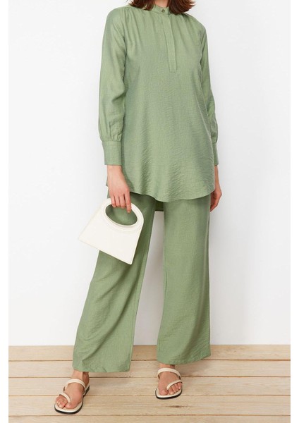 Tarz Kadın Yüksek Bel Geniş Paça Gömlek Yaka Yarım Gizli Patlı Omuz Detaylı Tunik-Pantolon Takım fiyatları