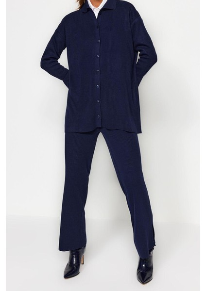 Tarz Kadın Modern Moda Yüksek Bel Geniş Paça Polo Yaka Yırtmaç Detaylı Hırka-Pantolon Triko Takım