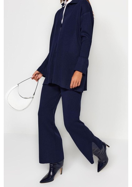 Tarz Kadın Modern Moda Yüksek Bel Geniş Paça Polo Yaka Yırtmaç Detaylı Hırka-Pantolon Triko Takım fiyatları