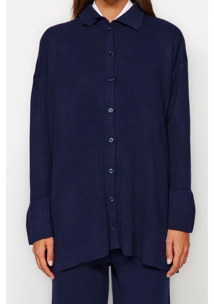 Tarz Kadın Modern Moda Yüksek Bel Geniş Paça Polo Yaka Yırtmaç Detaylı Hırka-Pantolon Triko Takım indirimleri