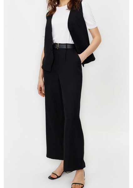 Tarz Kadın Normal Bel Geniş Paça V Yaka Keten Görünümlü Şık Yelek Pantolon Dokuma Alt Üst Takım fiyatları