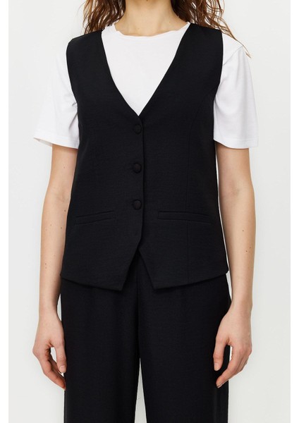 Tarz Kadın Normal Bel Geniş Paça V Yaka Keten Görünümlü Şık Yelek Pantolon Dokuma Alt Üst Takım fırsatları