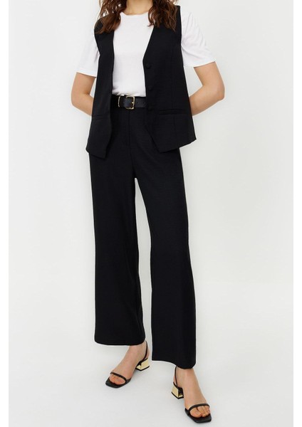 Tarz Kadın Normal Bel Geniş Paça V Yaka Keten Görünümlü Şık Yelek Pantolon Dokuma Alt Üst Takım indirimleri