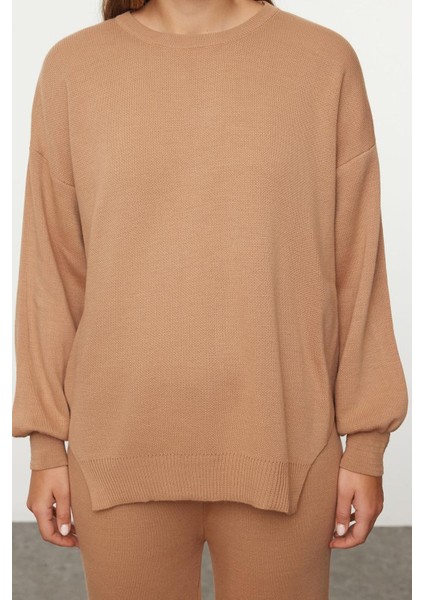 Tarz Kadın Modern Moda Normal Bel Boru Paça Bisiklet Yaka Geniş Kalıp Balon Kol Triko Alt-Üst Takım