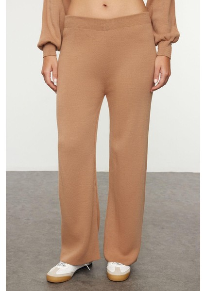 Tarz Kadın Modern Moda Normal Bel Boru Paça Bisiklet Yaka Geniş Kalıp Balon Kol Triko Alt-Üst Takım fırsatları