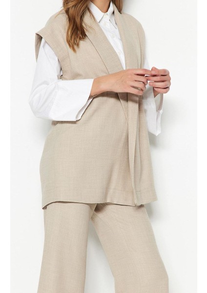 Tarz Kadın Yüksek Bel Ceket Yaka Krem Içten Bağlamalı Keten Görünümlü Kimono-Pantolon Takım