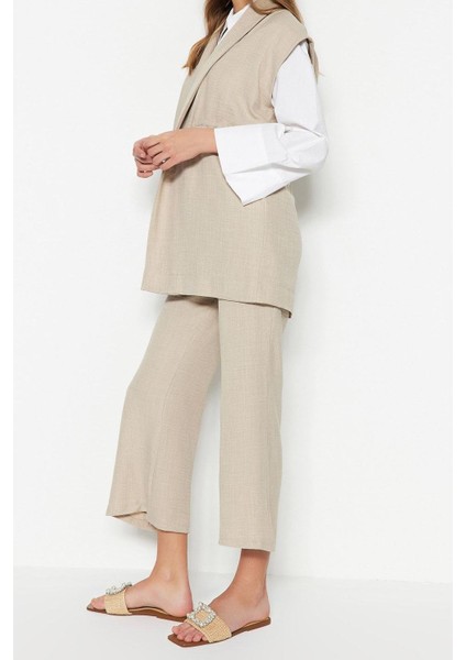 Tarz Kadın Yüksek Bel Ceket Yaka Krem Içten Bağlamalı Keten Görünümlü Kimono-Pantolon Takım fiyatları