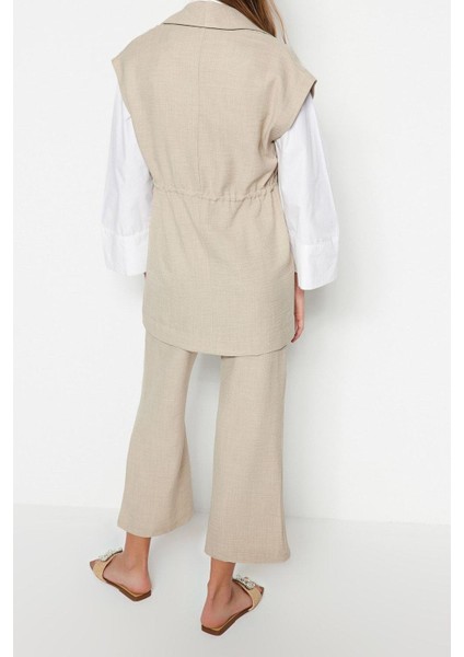 Tarz Kadın Yüksek Bel Ceket Yaka Krem Içten Bağlamalı Keten Görünümlü Kimono-Pantolon Takım modelleri