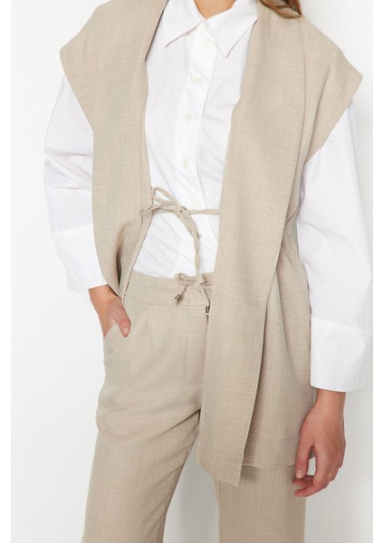 Tarz Kadın Yüksek Bel Ceket Yaka Krem Içten Bağlamalı Keten Görünümlü Kimono-Pantolon Takım fırsatları