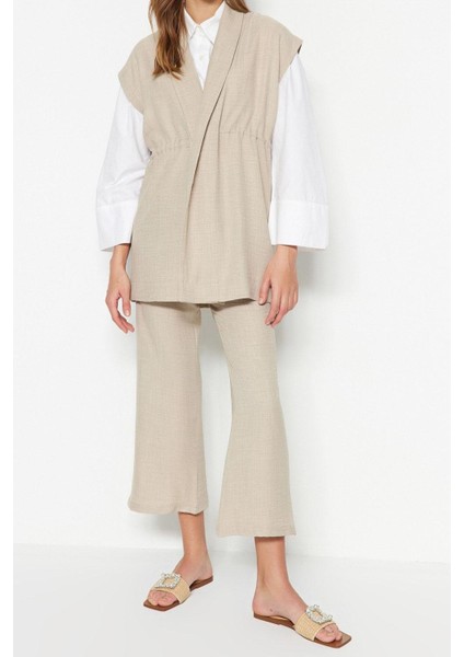 Tarz Kadın Yüksek Bel Ceket Yaka Krem Içten Bağlamalı Keten Görünümlü Kimono-Pantolon Takım indirimleri