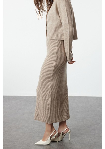 Tarz Kadın Modern Moda Normal Bel Boru Paça V Yaka Fitilli Yumuşak Dokulu Triko Elbise Hırka Takım