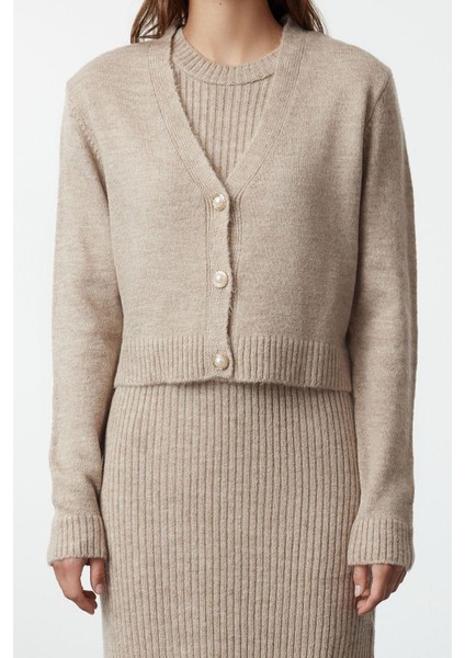 Tarz Kadın Modern Moda Normal Bel Boru Paça V Yaka Fitilli Yumuşak Dokulu Triko Elbise Hırka Takım modelleri