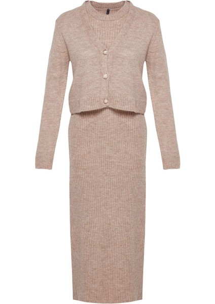 Tarz Kadın Modern Moda Normal Bel Boru Paça V Yaka Fitilli Yumuşak Dokulu Triko Elbise Hırka Takım indirimleri