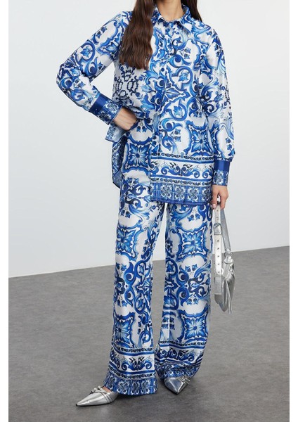 Tarz Kadın Modern Moda Normal Bel Boru Paça V Yaka Desenli Saten Dokuma Alt-Üst Takım indirimleri