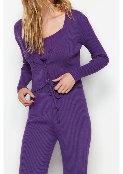 Tarz Kadın Modern Moda Normal Bel Geniş Paça V Yaka Fitillli Bluz Hırka Pantolon Triko Alt-Üst Takım modelleri