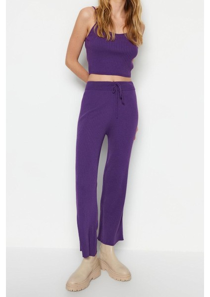 Tarz Kadın Modern Moda Normal Bel Geniş Paça V Yaka Fitillli Bluz Hırka Pantolon Triko Alt-Üst Takım fırsatları