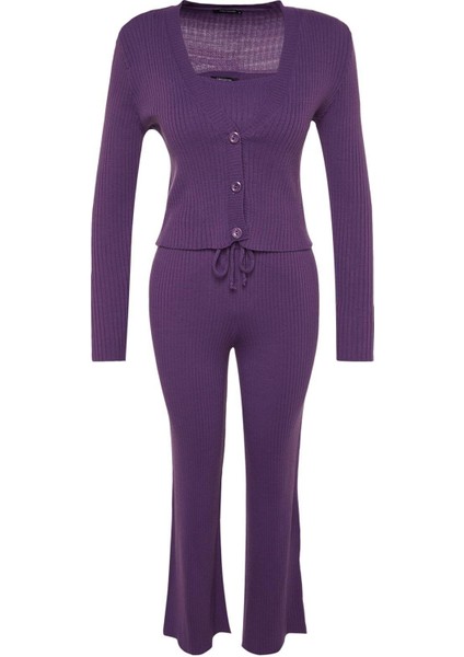 Tarz Kadın Modern Moda Normal Bel Geniş Paça V Yaka Fitillli Bluz Hırka Pantolon Triko Alt-Üst Takım indirimleri