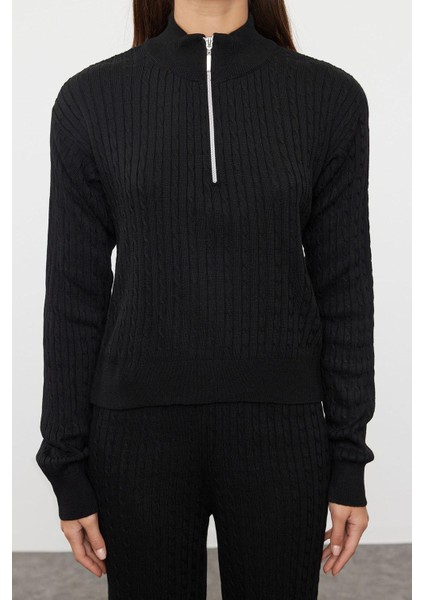 Tarz Kadın Modern Moda Normal Bel Boru Paça Dik Yaka Fermuarlı Triko Alt-Üst Takım