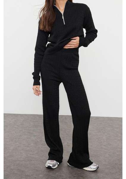 Tarz Kadın Modern Moda Normal Bel Boru Paça Dik Yaka Fermuarlı Triko Alt-Üst Takım fırsatları
