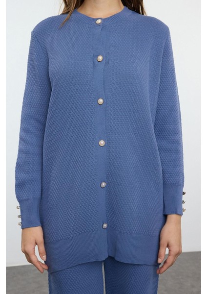 Tarz Kadın Modern Moda Normal Bel Boru Paça Bisiklet Yaka Inci Düğmeli Triko Alt-Üst Takım