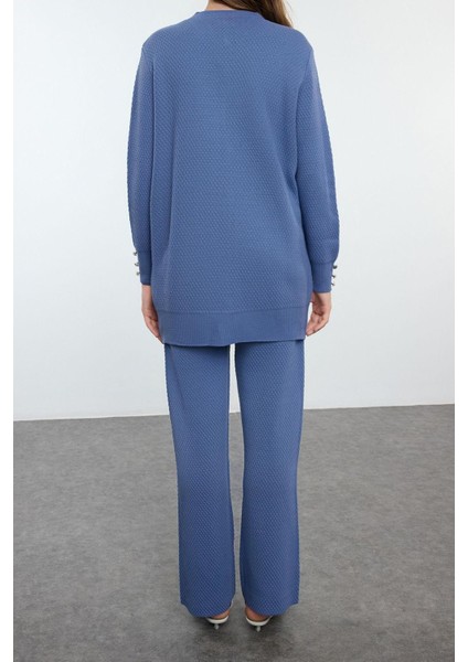 Tarz Kadın Modern Moda Normal Bel Boru Paça Bisiklet Yaka Inci Düğmeli Triko Alt-Üst Takım modelleri