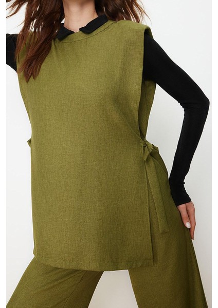 Tarz Kadın Modern Normal Bel Geniş Paça Keten Görünümlü Yandan Bağlamalı Dokuma Alt Üst Takım