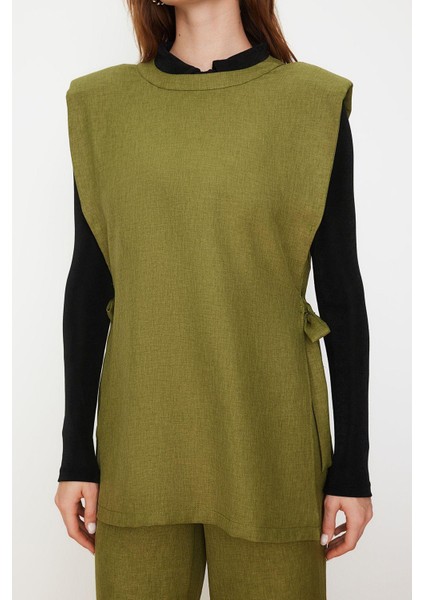 Tarz Kadın Modern Normal Bel Geniş Paça Keten Görünümlü Yandan Bağlamalı Dokuma Alt Üst Takım fırsatları