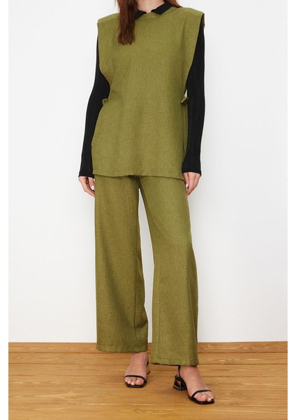 Tarz Kadın Modern Normal Bel Geniş Paça Keten Görünümlü Yandan Bağlamalı Dokuma Alt Üst Takım indirimleri