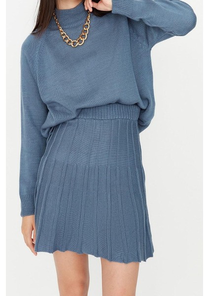 Tarz Kadın Modern Moda Yüksek Bel Geniş Paça Dik Yaka Pileli Etekli Triko Alt-Üst Takım