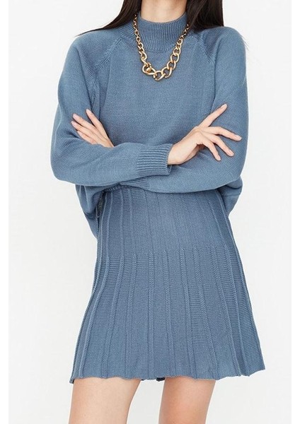 Tarz Kadın Modern Moda Yüksek Bel Geniş Paça Dik Yaka Pileli Etekli Triko Alt-Üst Takım indirimleri