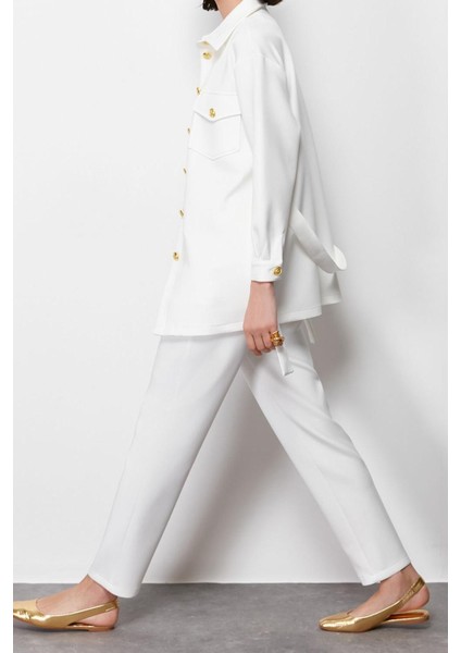 Tarz Kadın Normal Bel Boru Paça Gömlek Yaka Gold Düğme Detaylı Dalgıç Scuba Örme Alt-Üst Takım