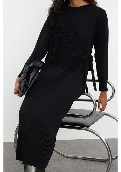 Tarz Kadın Modern Moda Normal Bel Boru Paça Dik Yaka Triko Hırka Elbise Alt-Üst Takım