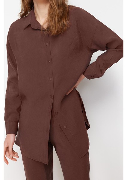 Tarz Kadın Modern Moda Normal Bel Boru Paça V Yaka Modal Kumaş Dokuma Alt Üst Gömlek Pantolon Takım