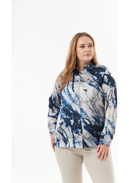 Büyük Beden Desenli Gömlek Indigo fiyatları