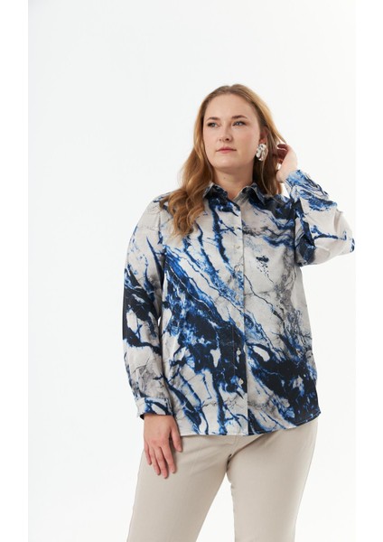 Büyük Beden Desenli Gömlek Indigo modelleri