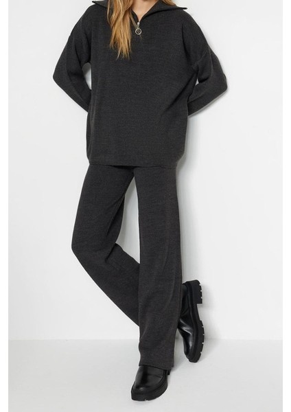 Tarz Kadın Modern Moda Normal Bel Boru Paça Dik Yaka Geniş Kalıp Fermuarlı Triko Alt-Üst Takım