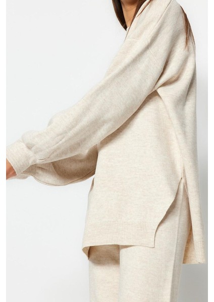 Tarz Kadın Modern Moda Normal Bel Boru Paça Bisiklet Yaka Geniş Kalıp Balon Kol Triko Alt-Üst Takım