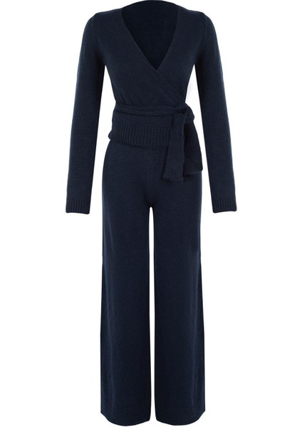 Tarz Kadın Modern Moda Normal Bel Boru Paça V Yaka Crop Kruvaze Bağlama Detaylı Triko Alt-Üst Takım indirimleri