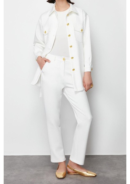 Tarz Kadın Normal Bel Boru Paça Gömlek Yaka Gold Düğme Detaylı Dalgıç Scuba Örme Alt-Üst Takım indirimleri