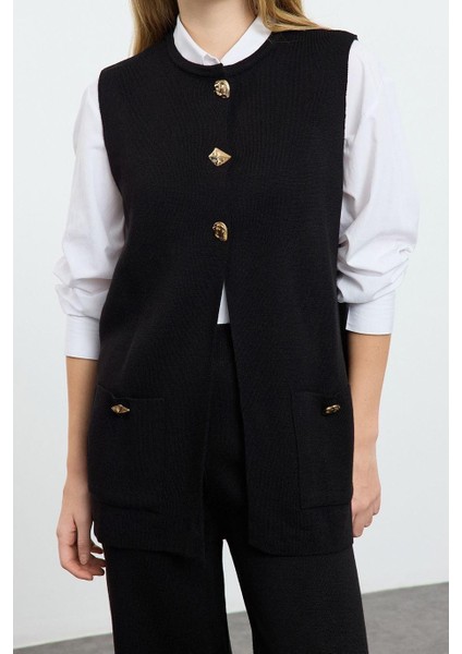 Tarz Kadın Modern Normal Bel Boru Paça Düğme Detaylı Yelek-Pantolon Triko Alt-Üst Takım fiyatları