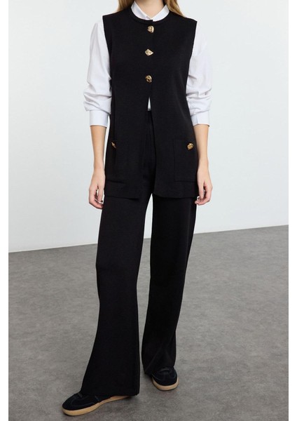 Tarz Kadın Modern Normal Bel Boru Paça Düğme Detaylı Yelek-Pantolon Triko Alt-Üst Takım indirimleri