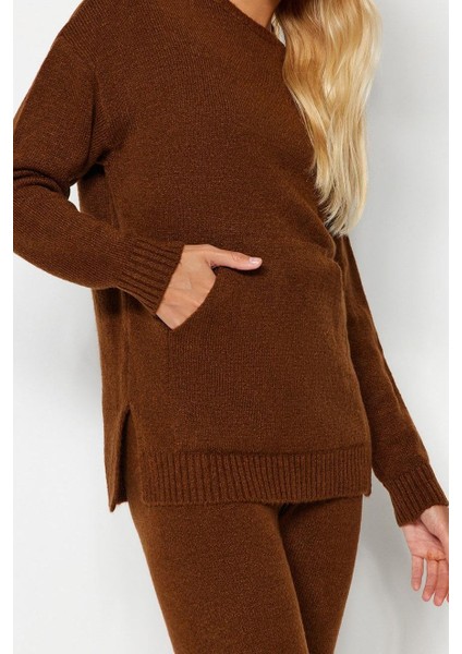 Tarz Kadın Modern Moda Normal Bel Boru Paça Bisiklet Yaka Yumuşak Dokulu Basic Triko Alt-Üst Takım